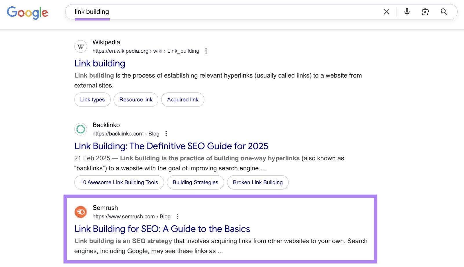 Google SERP with "link building" entered as the term which shows a link building guide from Semrush appearing in the third position.