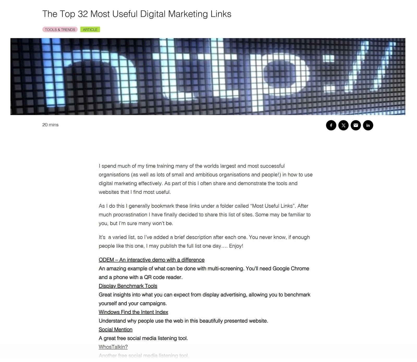 Resource page listing useful digital marketing links and recommended websites