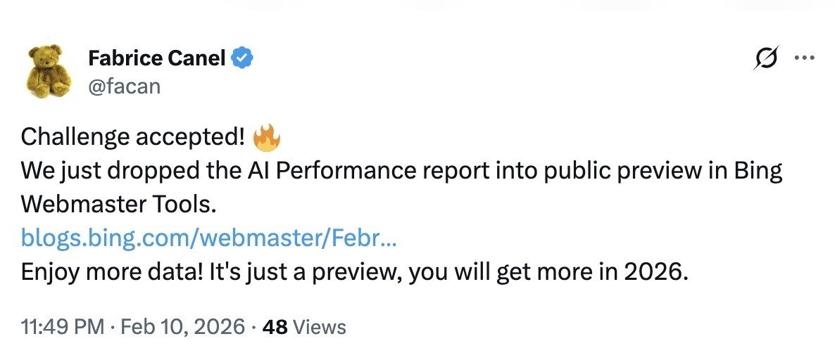 A post on X by Fabrice Canel talking about Bing's AI Performance report.