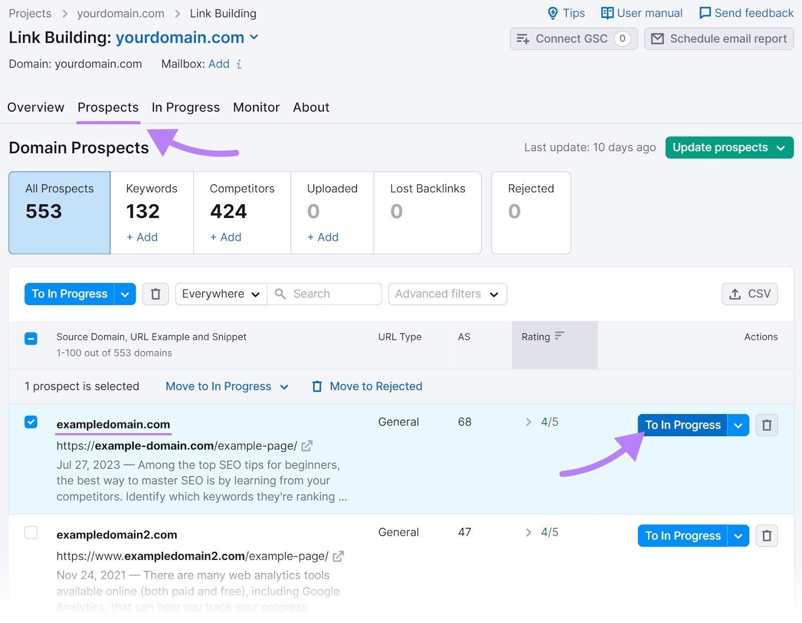 Link Building tool's "Prospects" tab