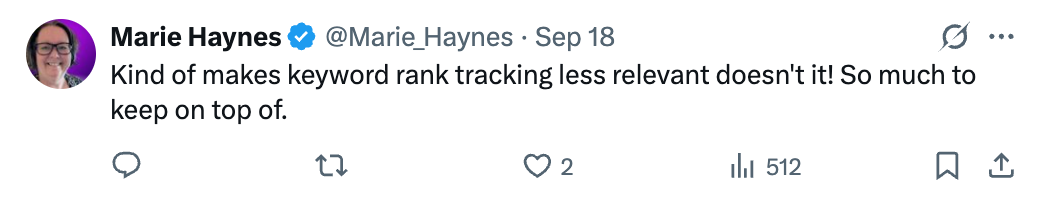Marie Haynes commenting on Lily Ray's X post about how keyword rank tracking may be less relevant with AI Mode.