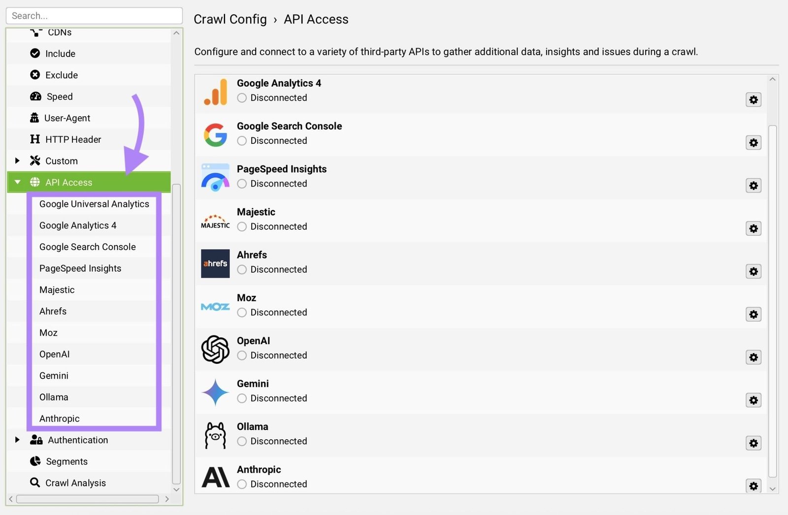 Screaming Frog crawl configuration with the API access window showing a list of available AI integrations like OpenAI, Gemini, and Anthropic.