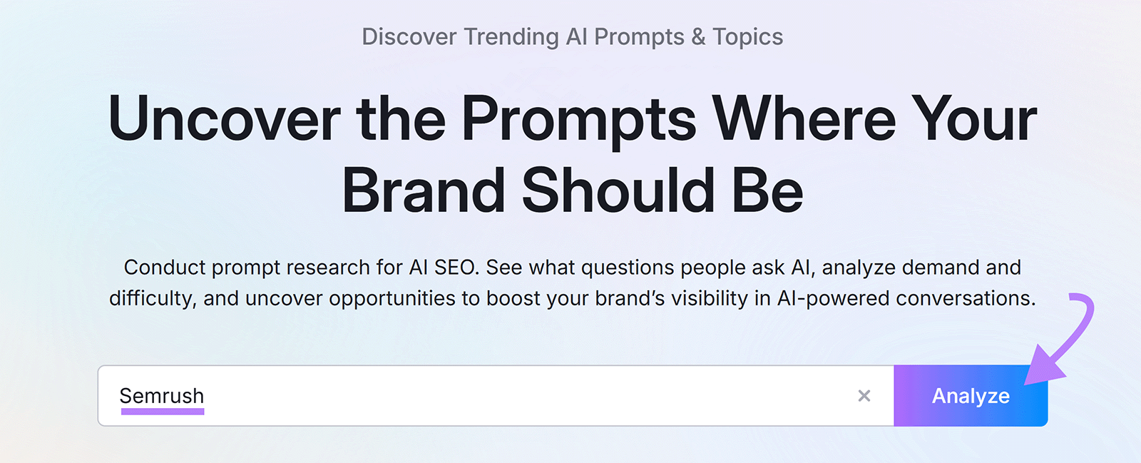 Semrush prompt research search screen with a brand name field and Analyze button