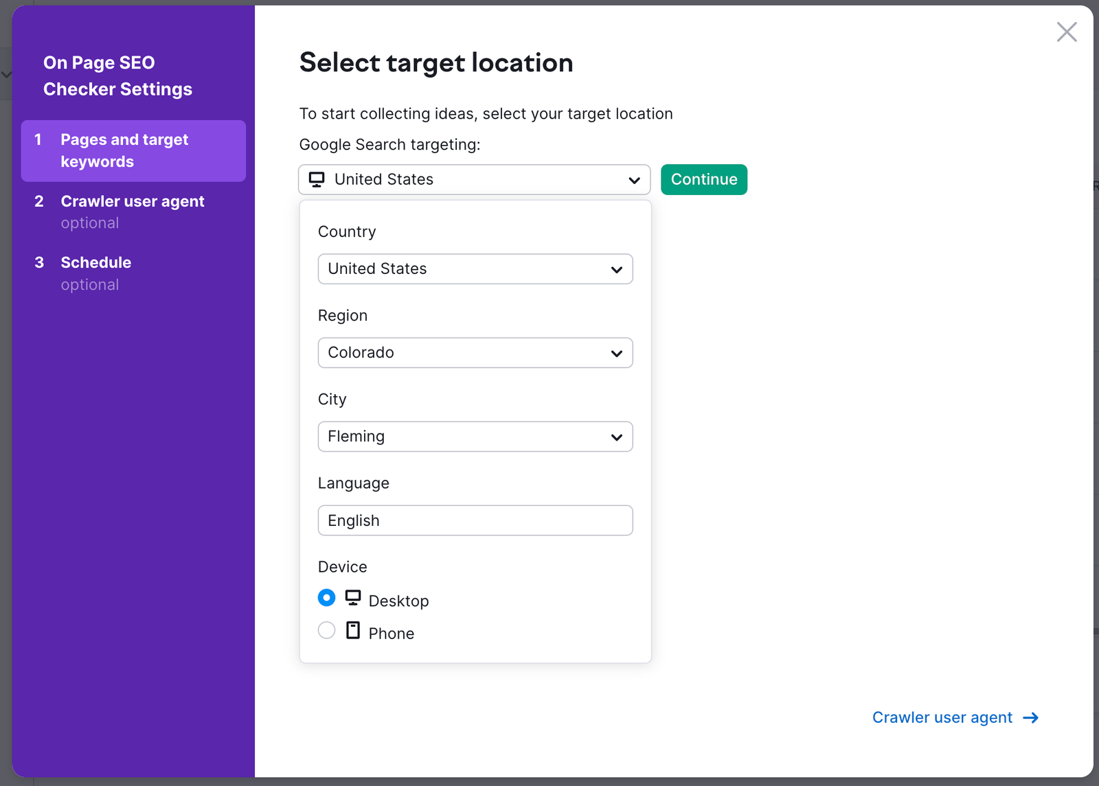 The On Page SEO Checker set up campaign window with the Google Search targeting drop-down.