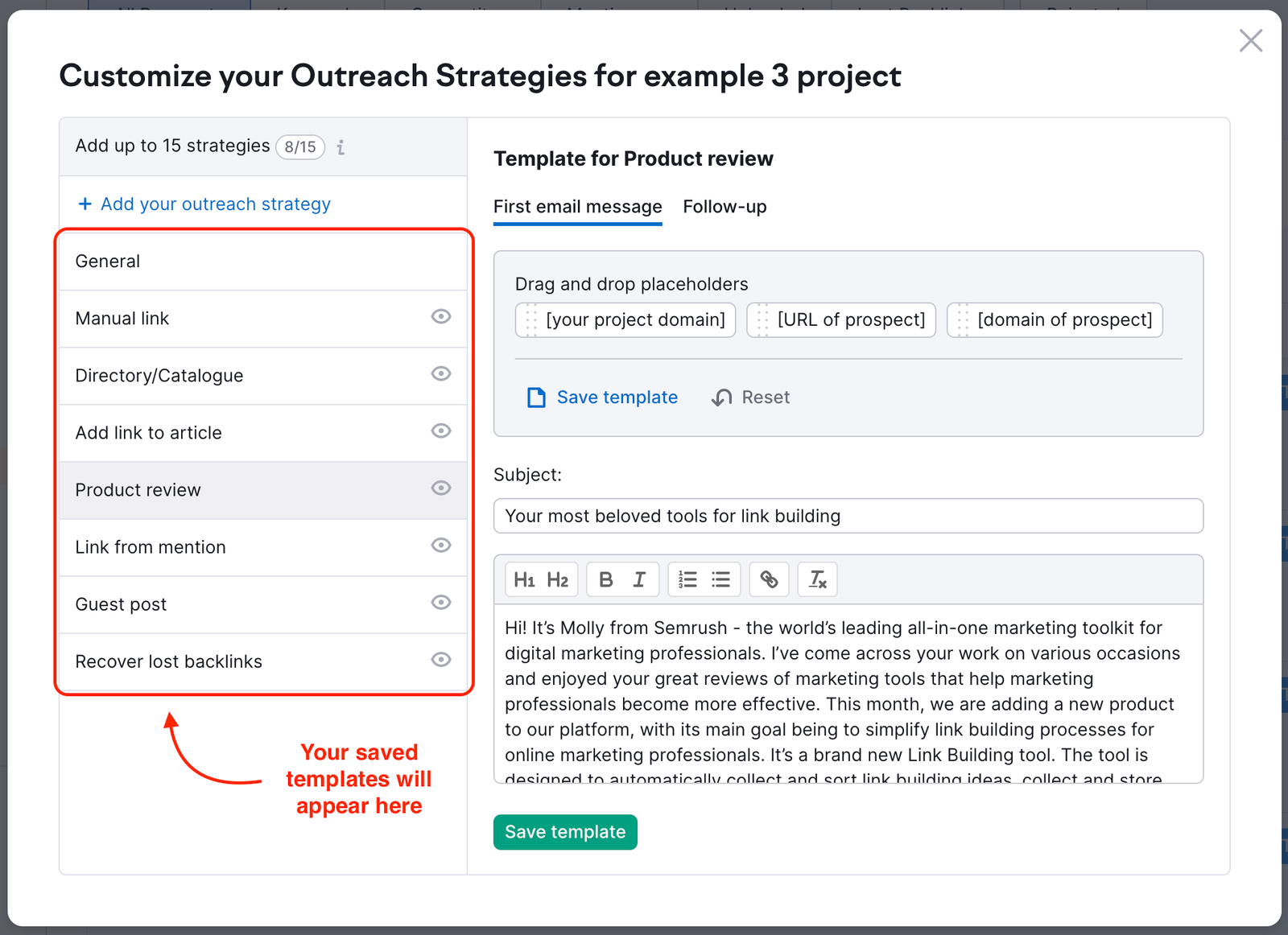 Link Building "Customize your outreach strategies" pop-up window: your saved templates are on the left. 
