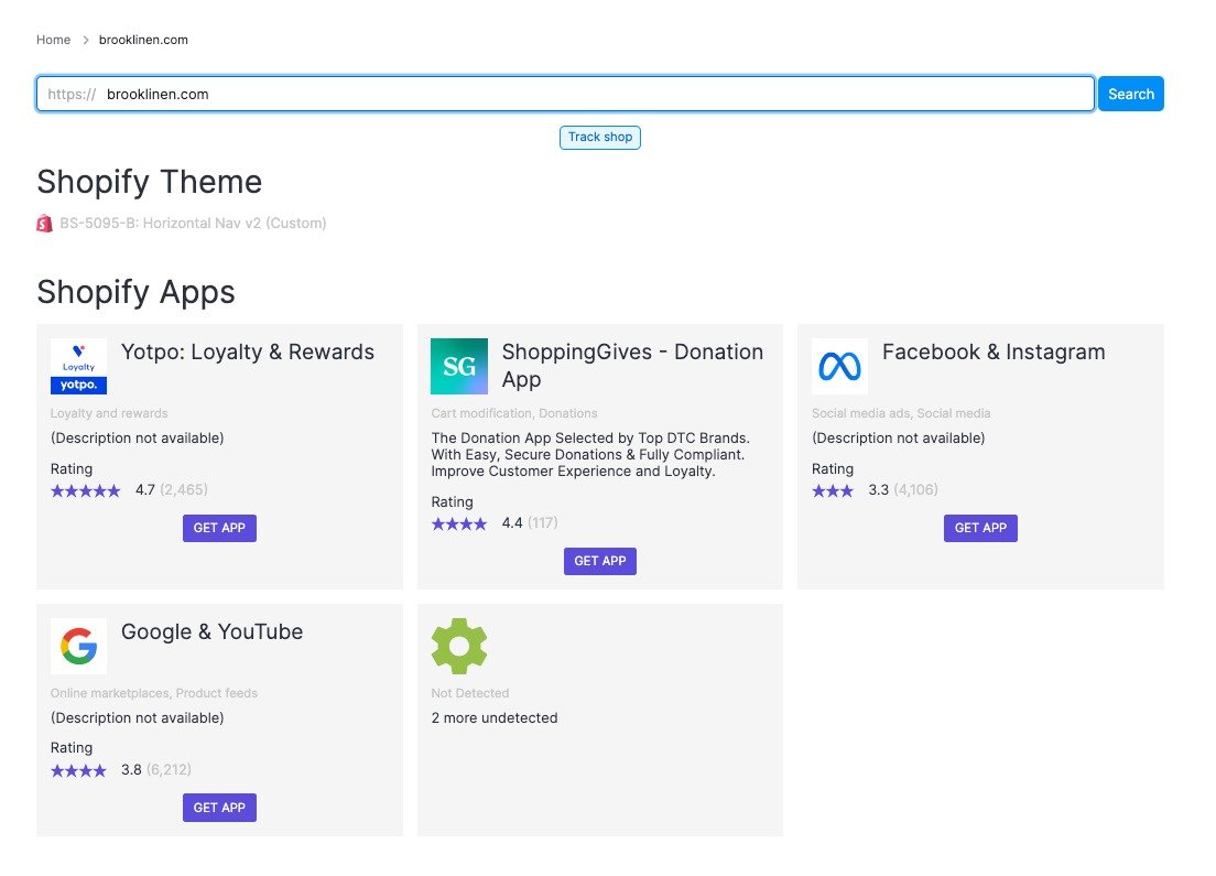 After you search for a competitor, you'll see which Shopify Themes and Apps they're using, along with basic details about each.