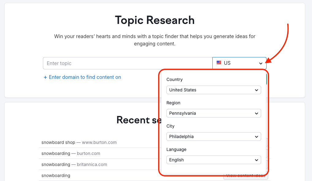 The target selector with the drop-down is highlighted in the Topic Research starting page.