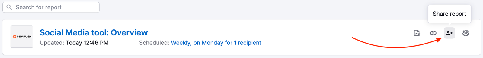 The share report button in the report list. 