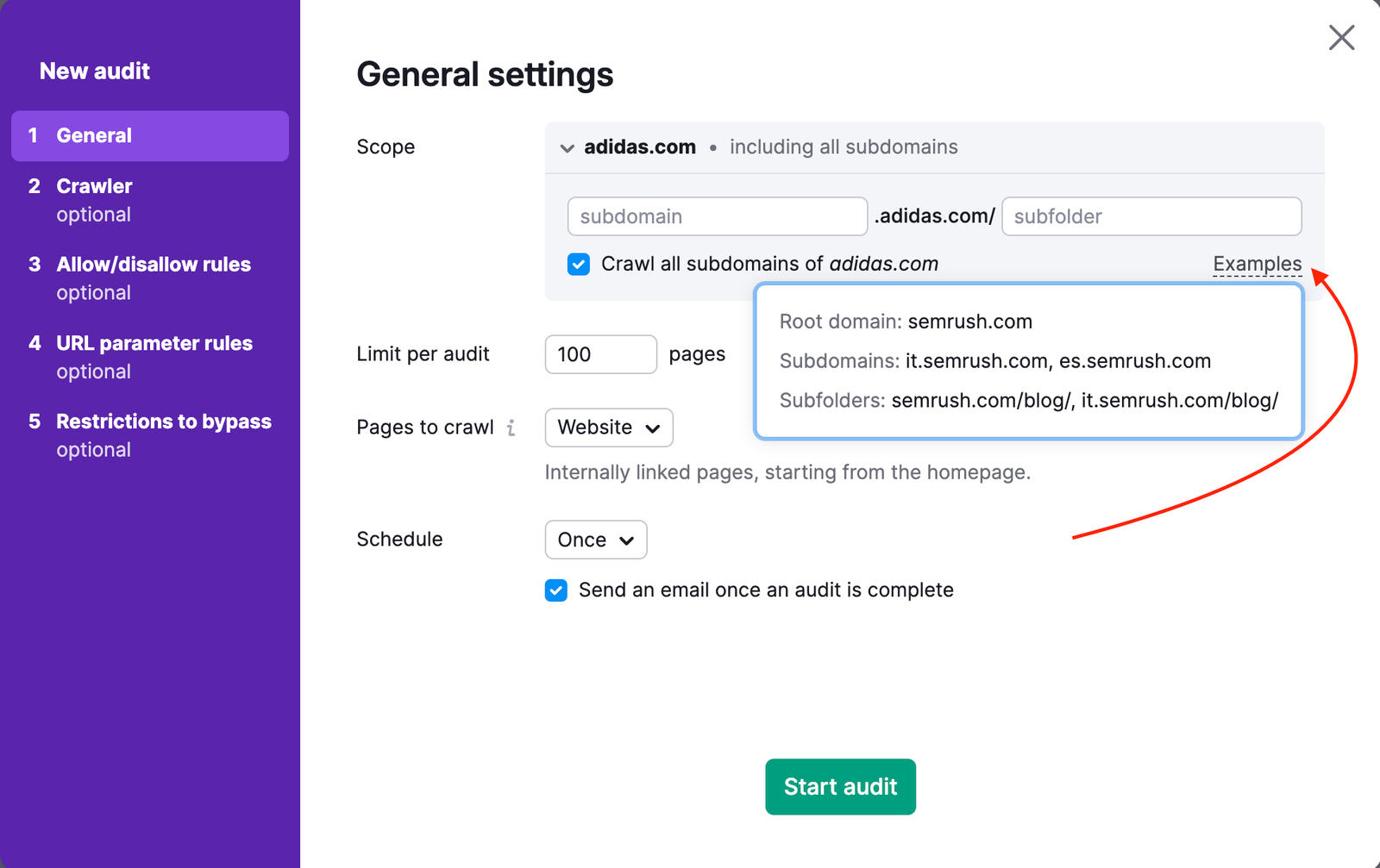Window showing Site Audit settings with options for Crawl Scope, Page Limit, and Crawl Source. A red arrow points to the Examples link under Crawl Scope, which reveals sample formats for root domains, subdomains, and subfolders.