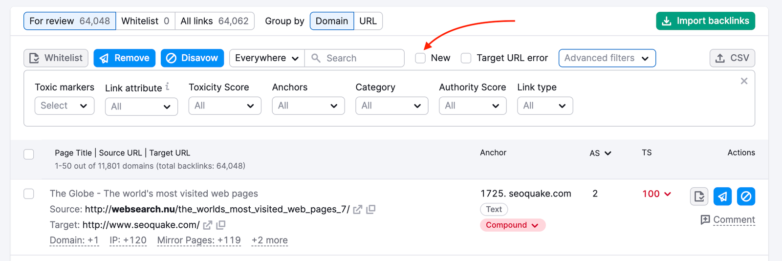 A list of backlinks for review in Backlink Audit. A red arrow is pointing towards the New checkbox in the list of filter on top of the report.