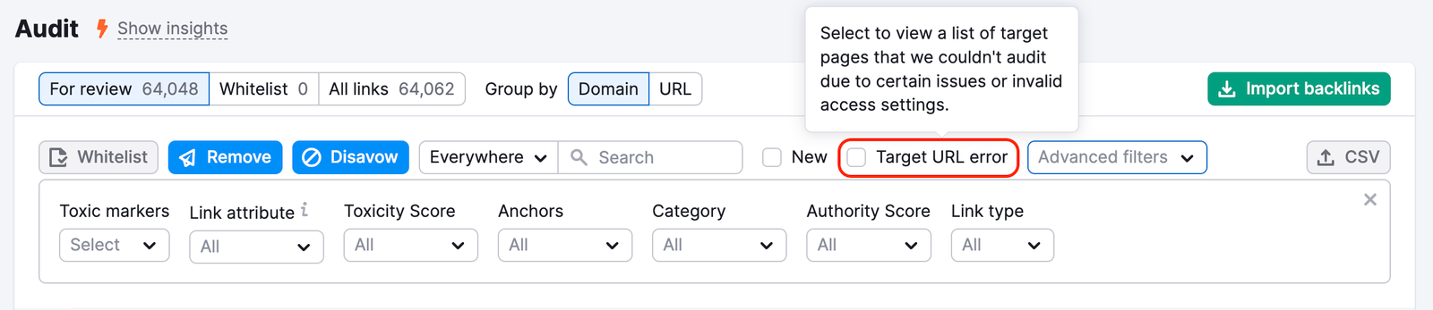 A list of backlinks for review in Backlink Audit. On top of the list, a Target URL Error checkbox is highlighted among other filters.