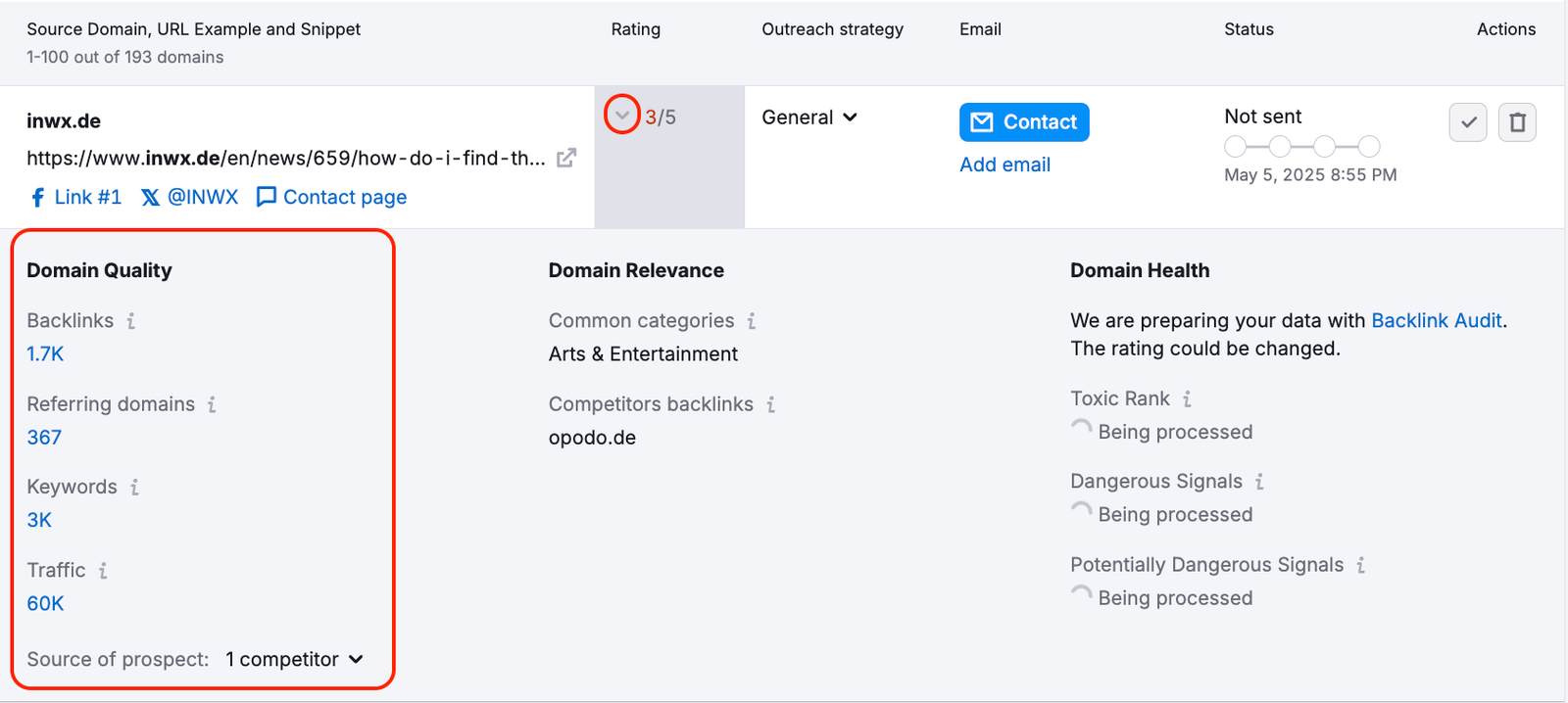 The Prospect URL is expanded to display additional information, including Domain Quality, Domain Health, and Domain Relevance.