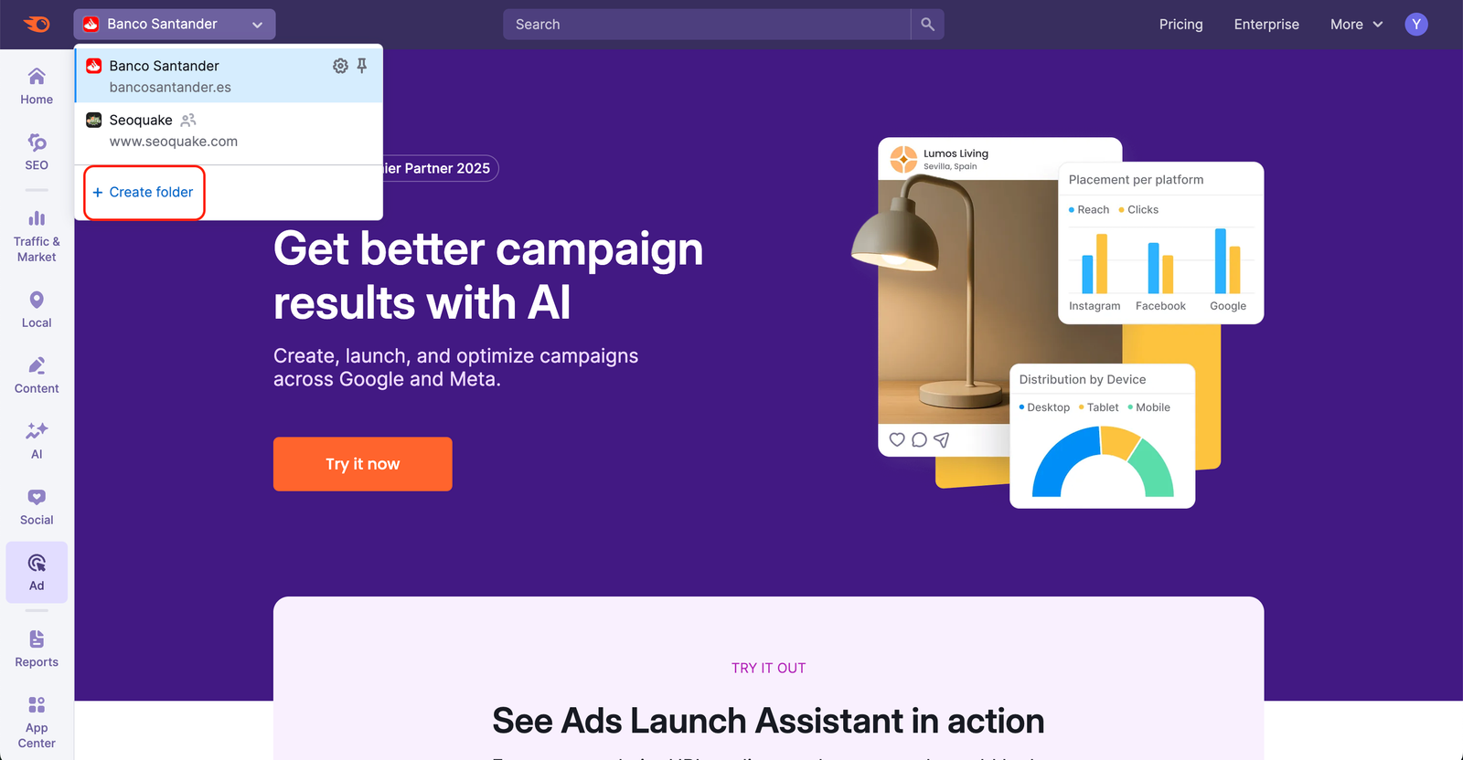 Ads Launch Assistant starting page with the Folders drop-down open in the top-left corner, suggesting the option to create a folder.