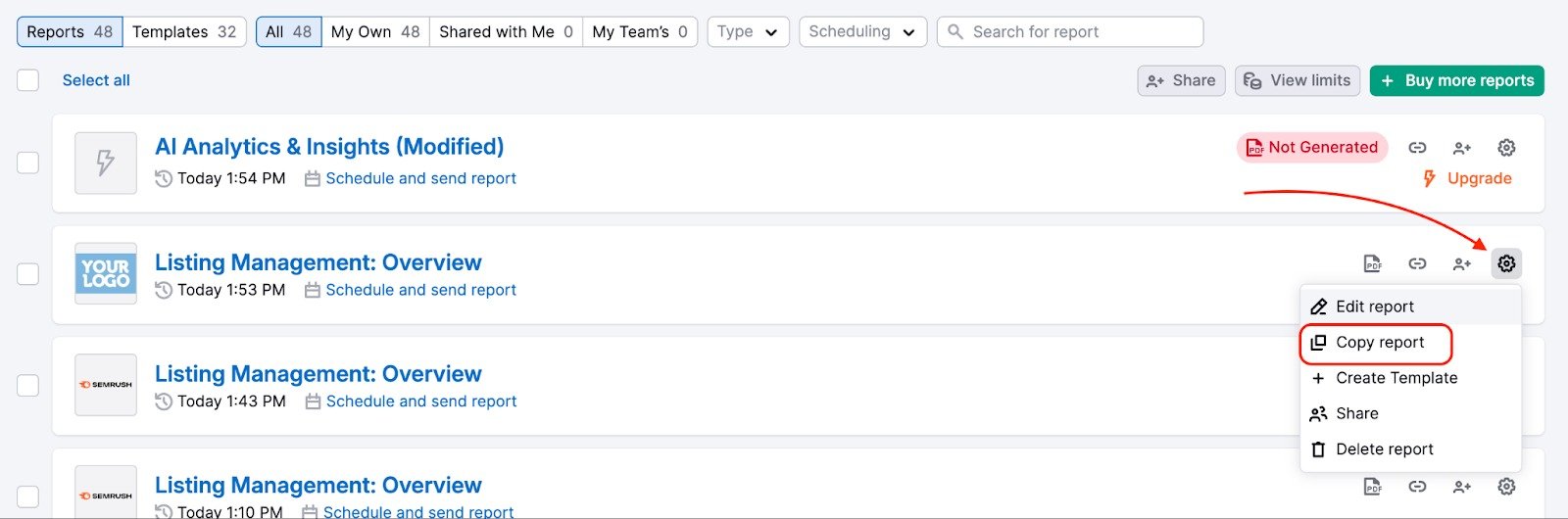 A view of the settings menu on the main My Reports page. Under the gear icon on the right is a dropdown menu with the Copy report option highlighted.