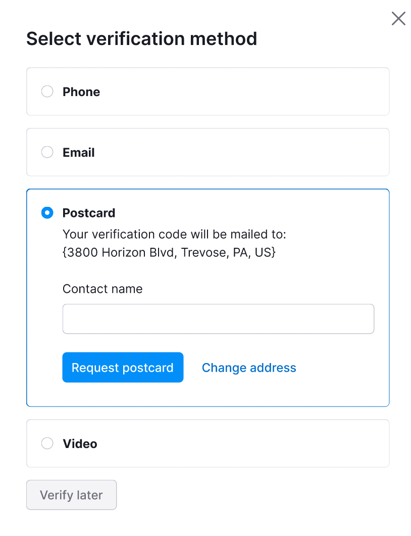 Google requesting a postal address to send a postcard verification.