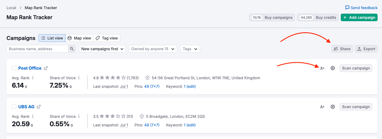 Red arrows are pointing to the Share buttons: one in the top-right corner to share several campaigns, and one on the campaign card for the individual campaign sharing. 