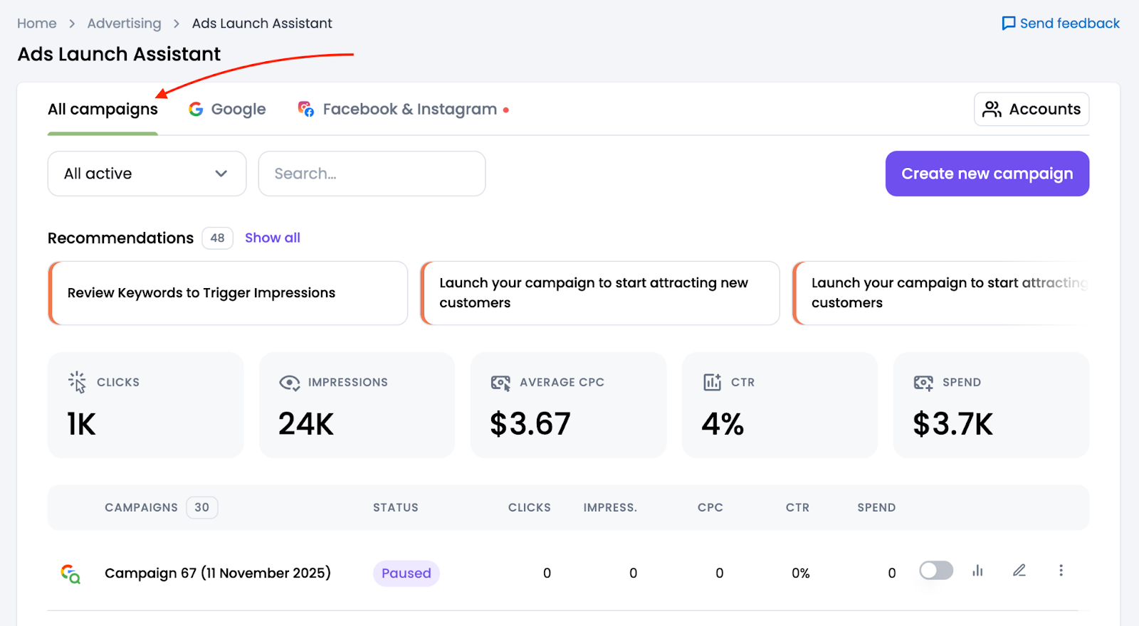 The campaign reporting dashboard in Ads Launch Assistant.
